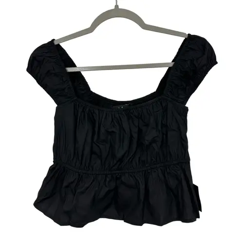 Lulus  Black Square Neck Puff Sleeve Cropped Peplum Top Size S NWT