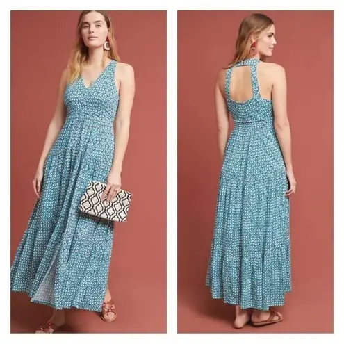 Maeve  Anthropologie Mabel Maxi Dress Tiered Teal Vacation Resortwear Summer