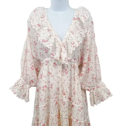 Anthropologie byTiMO Cotton Slub Midi Dress Floral Print Lace Button Down Cottagecore Small