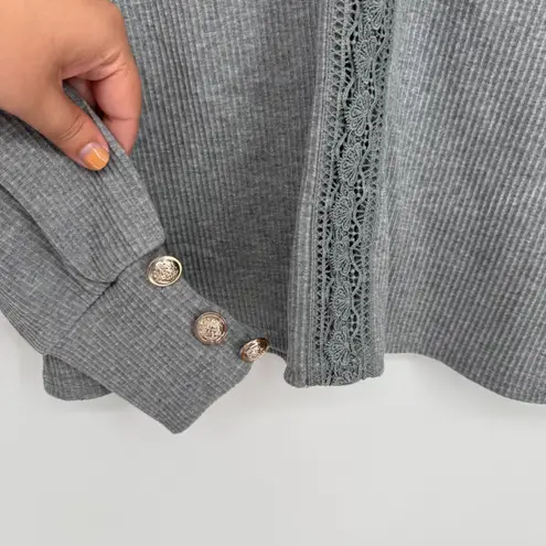Gray Ribbed Long Sleeve Lace Trim V