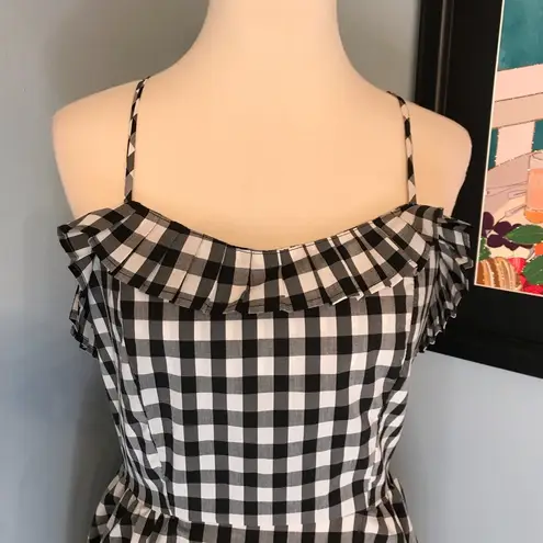 Black & White Gingham Midi Sundress w/ Pleated Ruffle Trim & Lace Up Back Sz L Size L