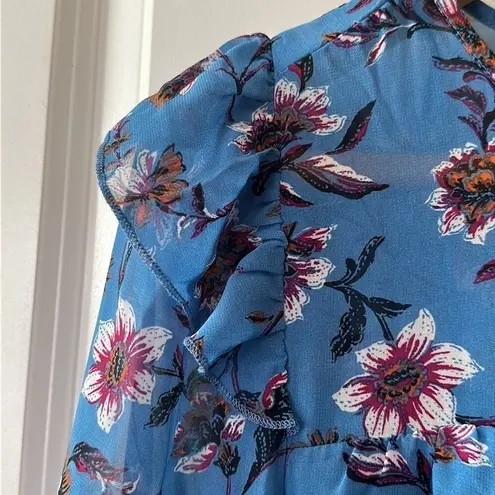 Time And Tru  Blue Floral Print Mini Shift Dress with Chiffon Sleeves—Size Small