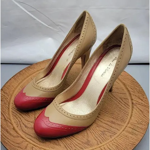 Pour La Victoire Tan / Red Leather Mary Janes Pumps Heels Women's Size 9.5
