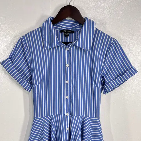 Ivy + Blu Striped Shirt Dress Fit & Flare handkerchief hem Cotton Blue White 10