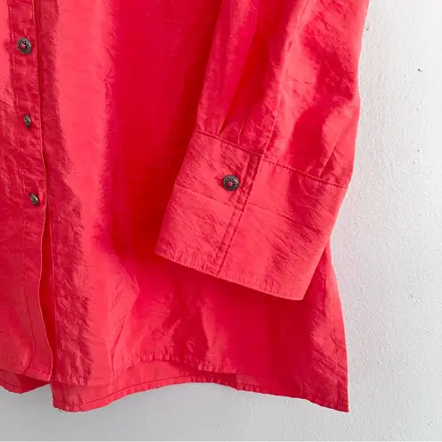 Ali Miles Crinkled Button Front Blouse Bright Coral Pink Collared Women’s Small