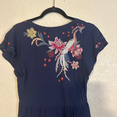 Johnny Was Jessica Tiered Bird Floral Embroidered Midi Dress In Deep Navy Small