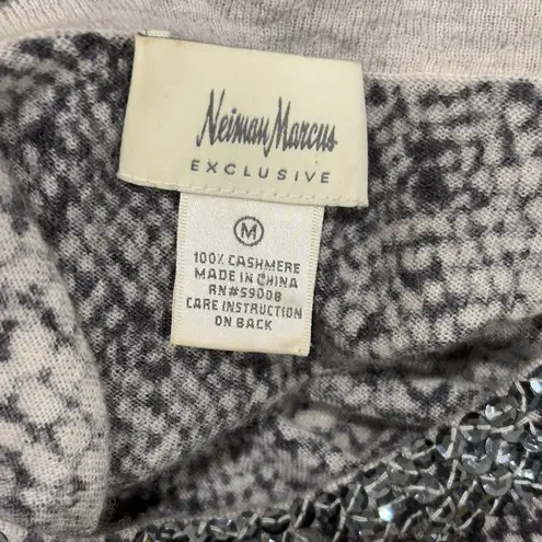 Neiman Marcus Size M Gray Animal Print 100% Cashmere Sequin Trim Keyhole Sweater