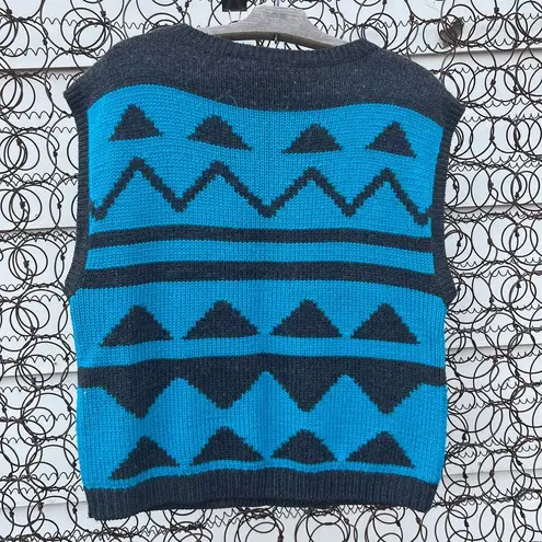 Vintage 80s rrrruss Sleeveless Sweater Art Deco Chevron Blue Black Wool Blend Size L