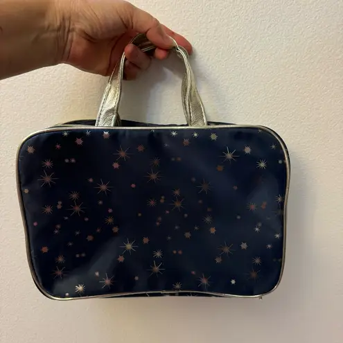 Dark Blue Travel/Cosmetic Bag with Gold Star Print, Gold Handles & Trim Gray