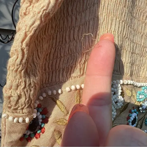 Soft Surroundings Hamptons Dress Tan Boho Beaded Seersucker Sun Dress NWT Petite