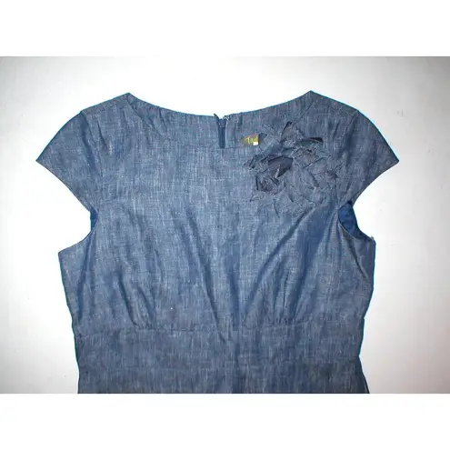 New $189 Womens Taylor Dress 8 Dark Denim 100% Linen Flower Pin Jean Color Blue