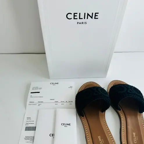 CELINE Lympia Mule Size 6 Triomphe Black Maccrame Cotton Calfskin Leather Sandal