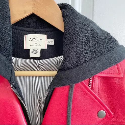 Alice + Olivia  Avril Red Leather Moto Jacket with Attached Hoodie