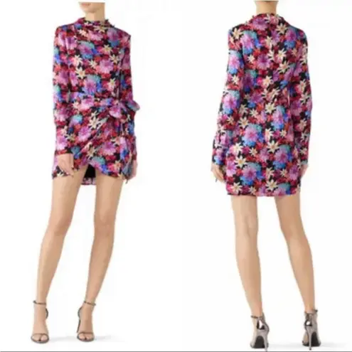 PINKO FLORAL SATIN BUTTON FRONT LONG SLEEVE SHEATH FAUX WRAP MINI DRESS Pink Size 8