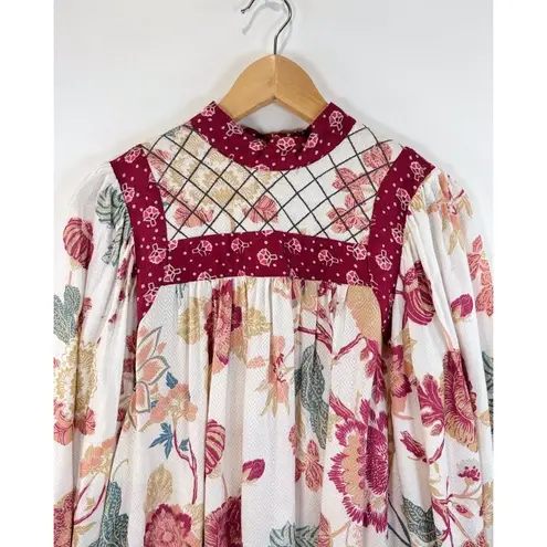 Anthropologie Let Me Be Womens Top Red Quilted Floral Blouse Cottagecore Boho XS