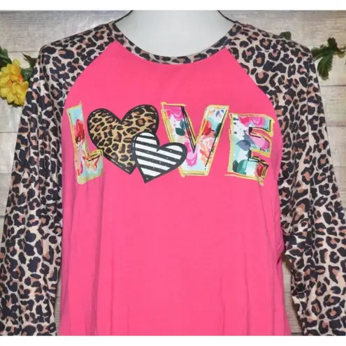 Southern Stitch Pink Raglan Cheetah Print Sleeve Top T-Shirt LOVE Graphic Size L