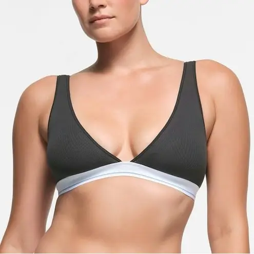 SKIMS NWT Cotton Rib Plunge Bralette Size 4X Sport Stripe Black White Logo Band