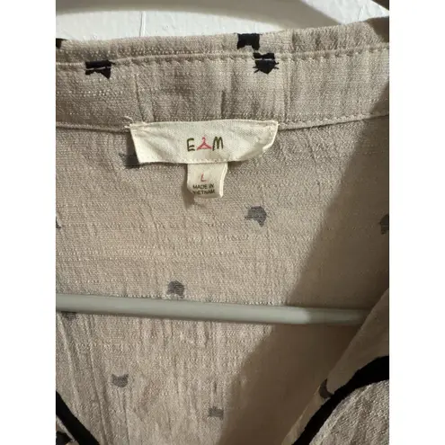 EAM Women's Beige Cat Print V Neck Tie Neck Long Sleeve Blouse Top Size L Tan Size L