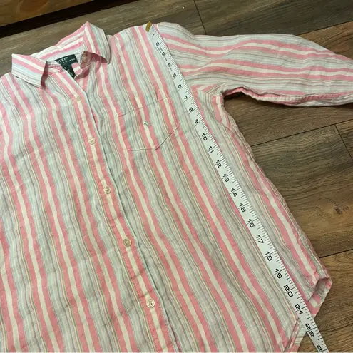 Ralph Lauren 100% Linen Coastal Beachy Striped Button Down Summer Shirt Small Pink