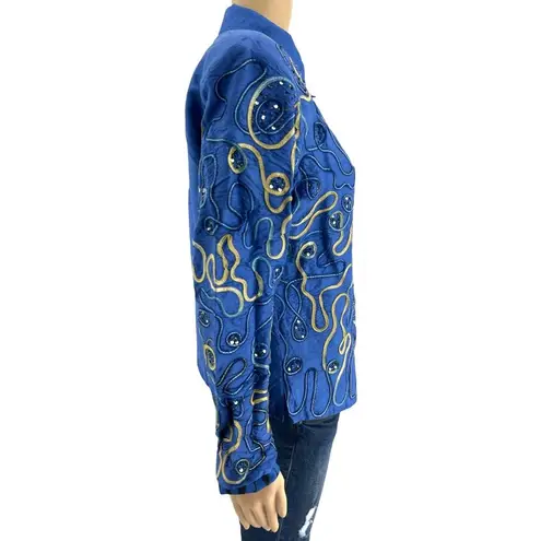 Blutique (M) VINTAGE 90s Pink 100% Silk Embroidered Patch Beach Vacation Jacket Blue Size M