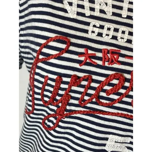 Superdry Blue and White Striped Crew Neck Rope Lettering Short Sleeve Tee Size 8