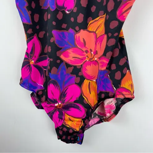 Vtg Abstract Print One Piece Swim Sz 14 Hawaiian Floral Dot Print Black