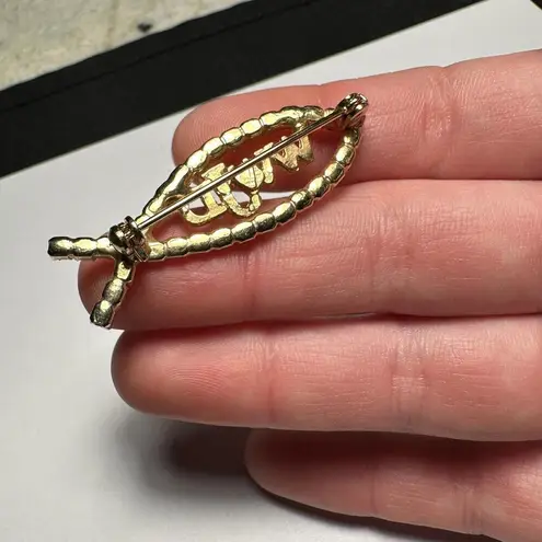 WWJD Christian Fish Symbol Rhinestone Brooch Pin Gold Tone Metal