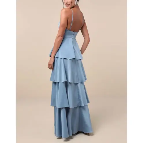 Lulus NWT  Women's Going with Elegance Slate Blue Satin Tiered Gown Size M Formal - Image 2