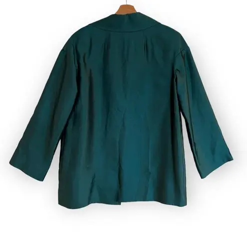 St. John COUTURE Sharkskin Silk Wool Blend Teal Open Front Jacket Blazer Size 8