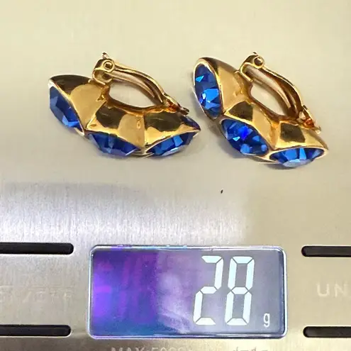 Swavorski Vintage SAL Swarovski Cobalt Blue Bezel Crystal GoldTone Huggie Clip On Earrings