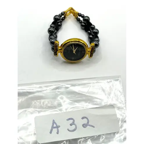 Vintage Kara Jordan Quartz Watch With Black Beaded Bracelet & Gold Accents A32