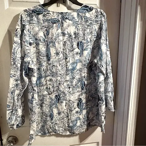 Tahari 100% Linen Blouse Sz 2X White Blue Floral Birds Button Down Long Sleeve