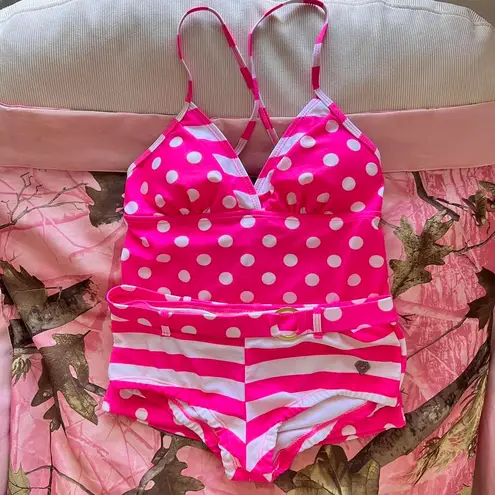 Love Culture y2k hot pink polka dot striped tankini 