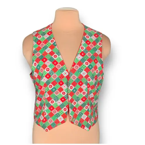 Vintage Patchwork Christmas Vest Red Green Holiday Party Festive Topper Cottage Size M