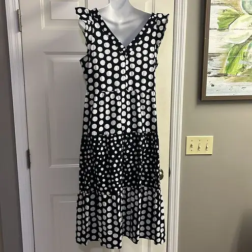 Loft  Navy White Polka Dot V-Neck Ruffled Flowy MIDI Dress- Medium - Image 7