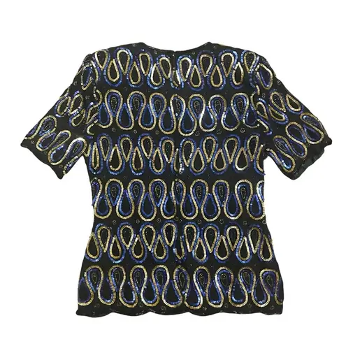 STENAY Vintage Silk Blouse Sequin Dressy Sparkle Evening Black Blue Gold Size S