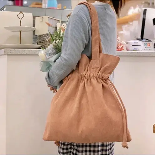 Corduroy Drawstring Tote Bag Shoulder Bag Travel Casual Lightweight Purse Blush Pink