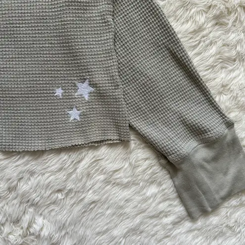 Monrow Top Oversized Crop Henley Thermal Shirt Star Embroidered Long Sleeve S