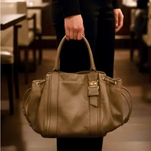 Salvatore Ferragamo Vara Ribbon Drawstring Hug Handbag Gray Taupe Leather