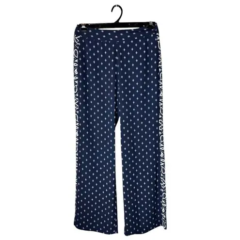 CAbi Pants Women 2 Navy Blue White Geometric Track Star Flowy Wide Leg Trousers