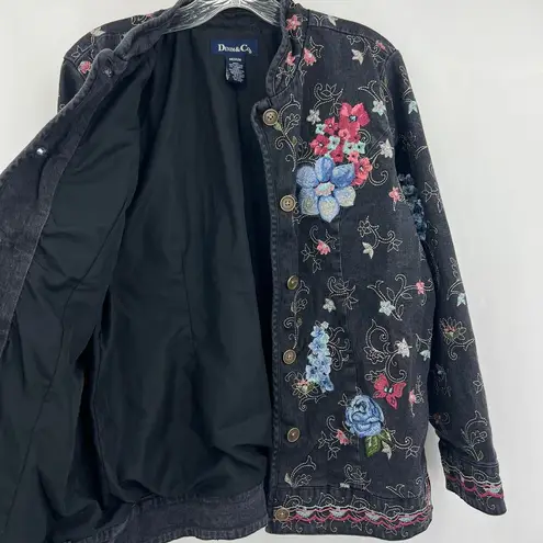 Denim & Co  (M) VINTAGE 90s Womens Black Floral Embroidered Button Up Jean Jacket