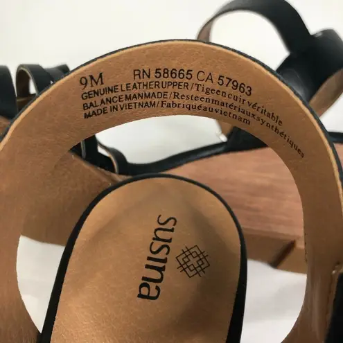 Susina Sandals Wedge Heel Strappy Leather Ankle Strap Black Size 9