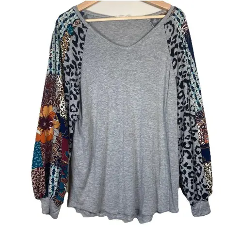 Adora Long Sleeve Top Blouse Cheetah Floral Print Size S Balloon Sleeve Boutique Gray