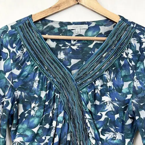 Classiques Entier Womens Silk Top Large Ruched Teal Stretchy Floral Fairy Dainty - Image 3