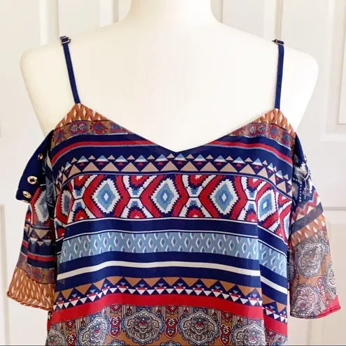 Coco + Carmen Top Blouse Siren Vibrant Print Short Sleeve Cold Shoulder L/XL NEW