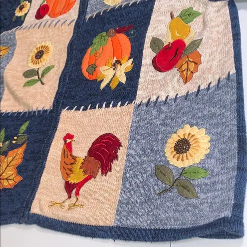Vintage Fall Autumn Thanksgiving Blue Patchwork Embroidered Knit Zip Sweater 1X