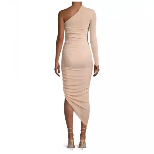 Misha Collection MISHA Tansy Ruched Sparkle Mesh Midi Dress in Champagne