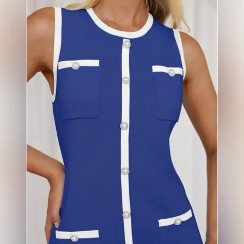 NEW Sleeveless Blue & White Dress With Pearl Buttons