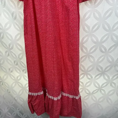 Vintage Prairie Red Lace Puff Sleeves Long Hostess Floral Dress Peasant Size S