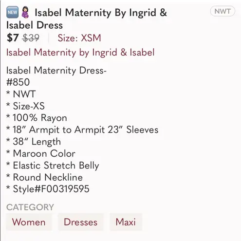 Ingrid And Isabel Wine Maroon Maternity Round Neck Dress Sz XS Like New